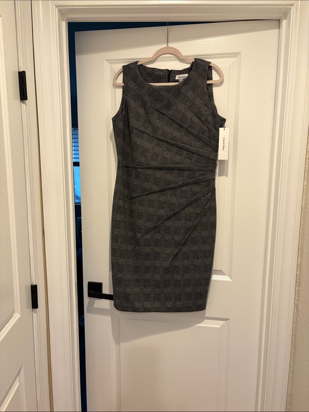 Calvin Klein Charcoal Plaid Pleat-Detail Sheath Dress